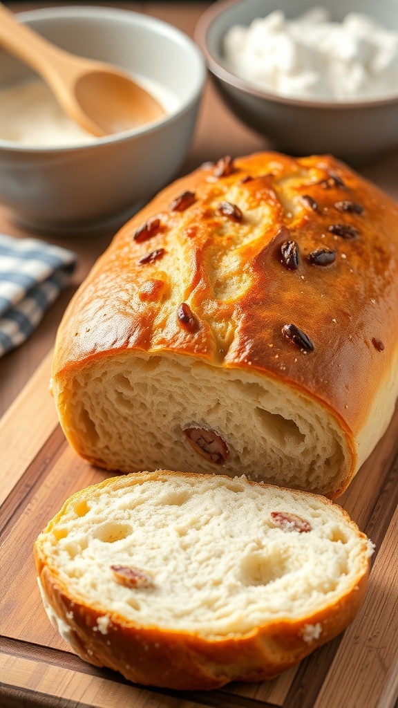 A golden crusted loaf of Dutch oven bread on a wooden board, sliced to reveal its soft interior.